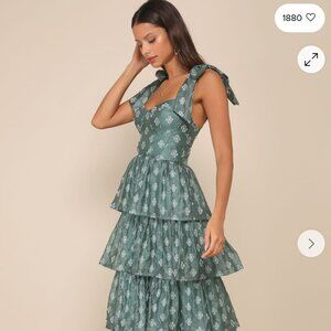 Lulus "Gorgeous Excellence Teal Green Floral Burnout Tiered Midi Dress"
